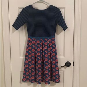 Black & Teal Striped Dress w Teal Dot & Rose Hem